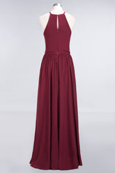 Affordable Halter Bow Long Bridesmaid Dress Modest Burgundy Chiffon Wedding Party Dress-27dress
